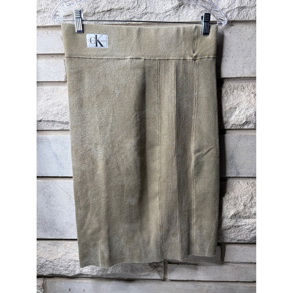 Calvin Klein‎ Jeans Tan Ribbed Knit Pencil Skirt Logo Patch Back Vent Khaki